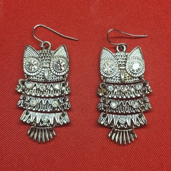 VTG Owl Dangling Earrings Clear Rhinestones Three Tiered - Picture 1 of 12